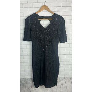 Vintage Scala Dress Petite S Black Silk Beaded Sequin Evening Formal Gatsby 20s
